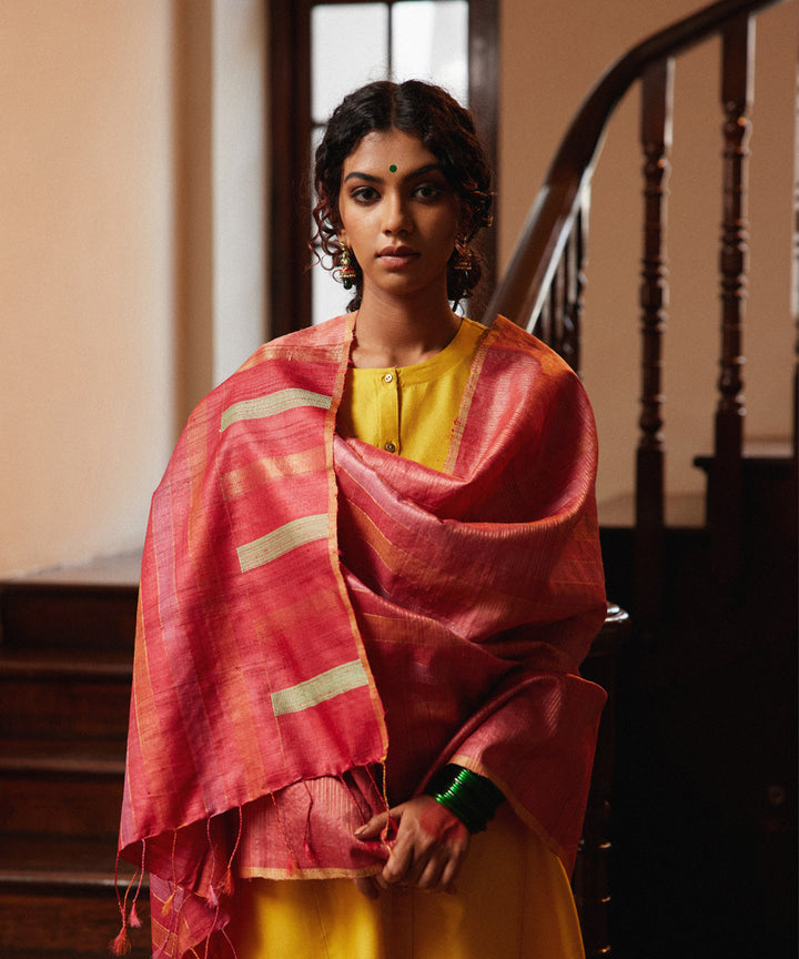 Coral checkered tussar silk handwoven kosa dupatta