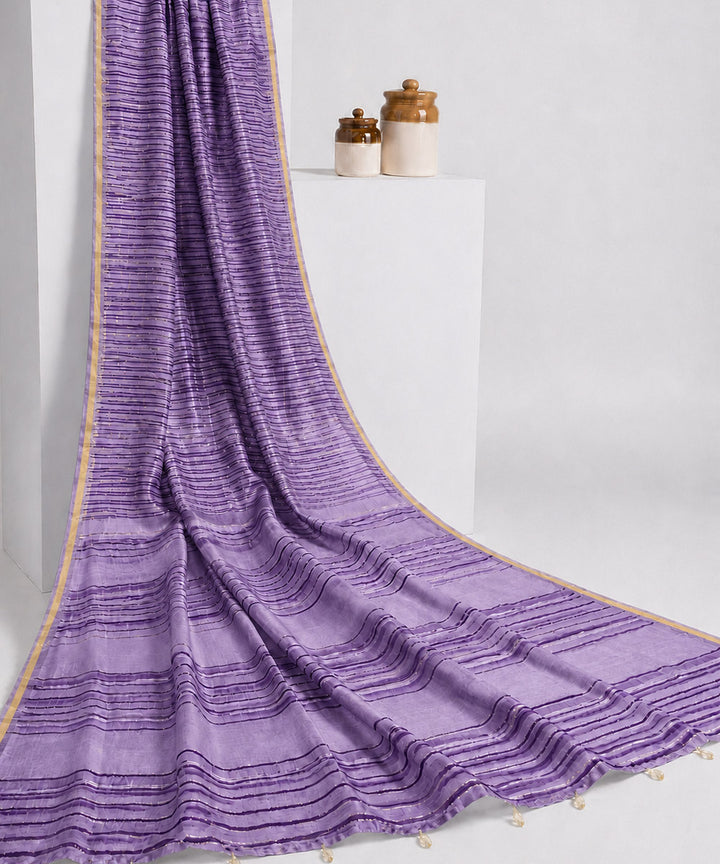 Lavender golden hand embroidered chanderi silk saree
