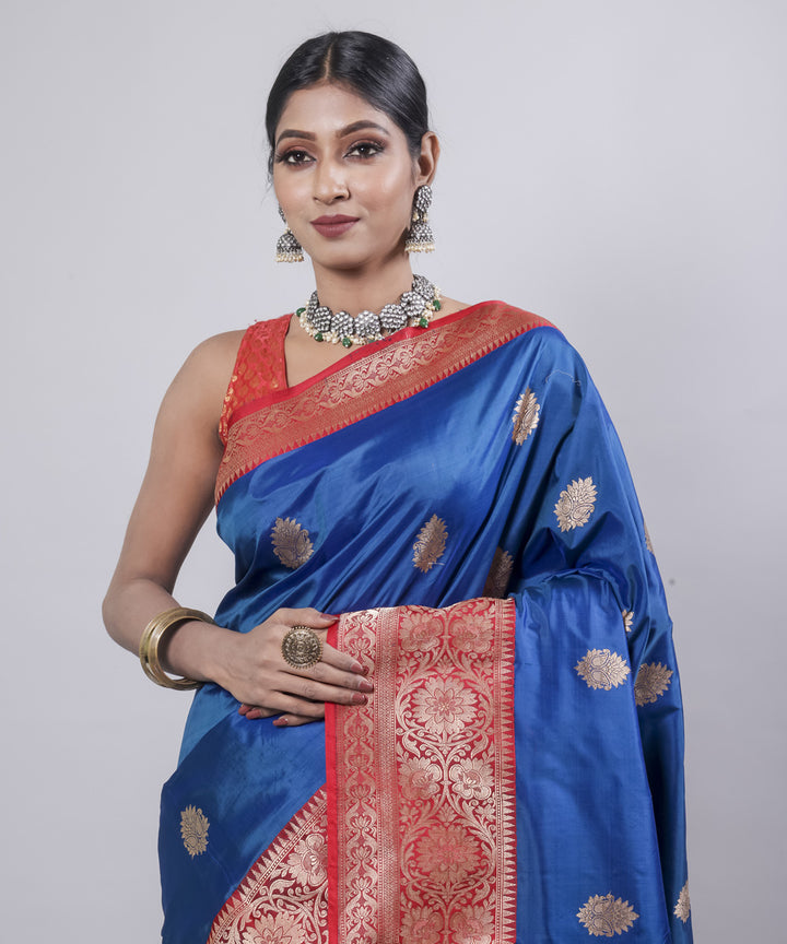 Indigo red border silk handwoven banarasi saree