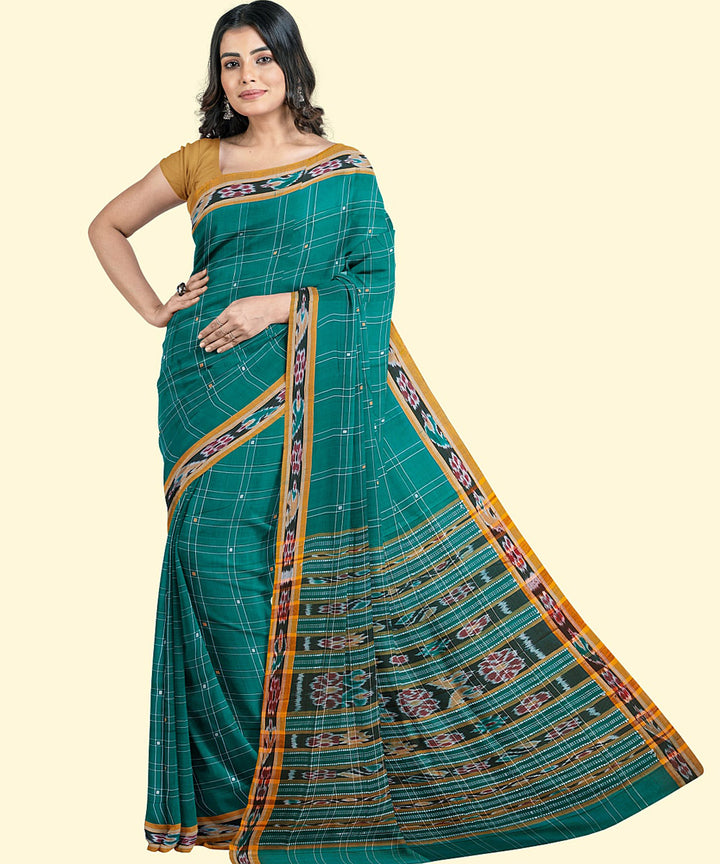 Turquoise mustard cotton handwoven nuapatna saree