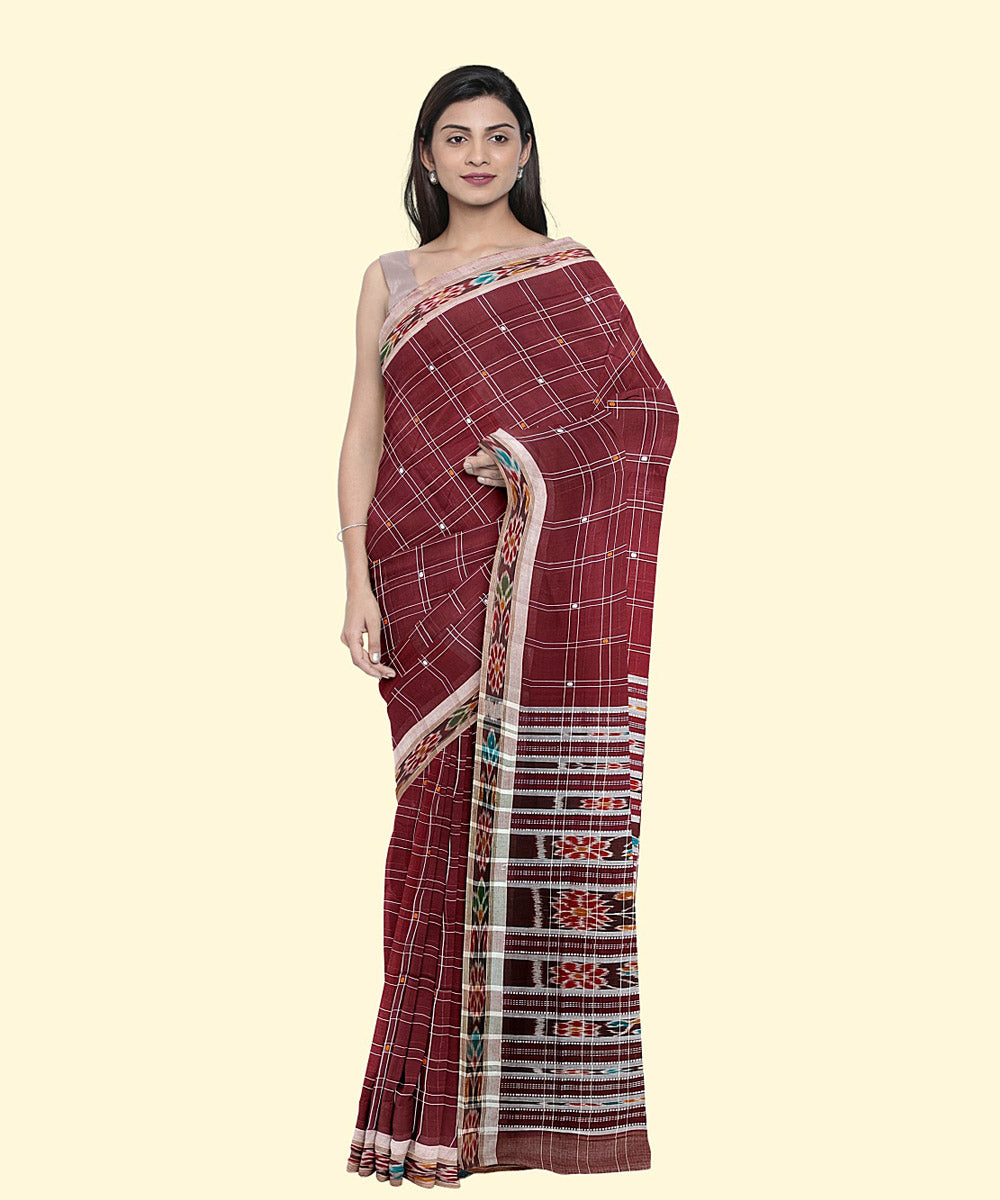 Burgundy grey cotton handwoven nuapatna saree