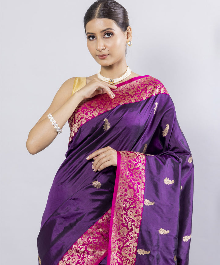 Violet pink border silk handwoven banarasi saree