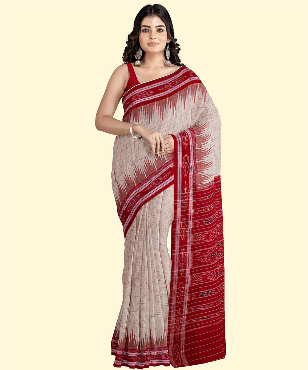 Offwhite red handwoven cotton nuapatna saree