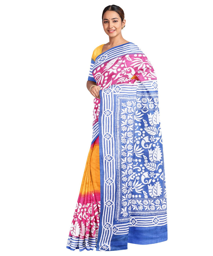 Multicolor silk handwoven kantha stitch saree