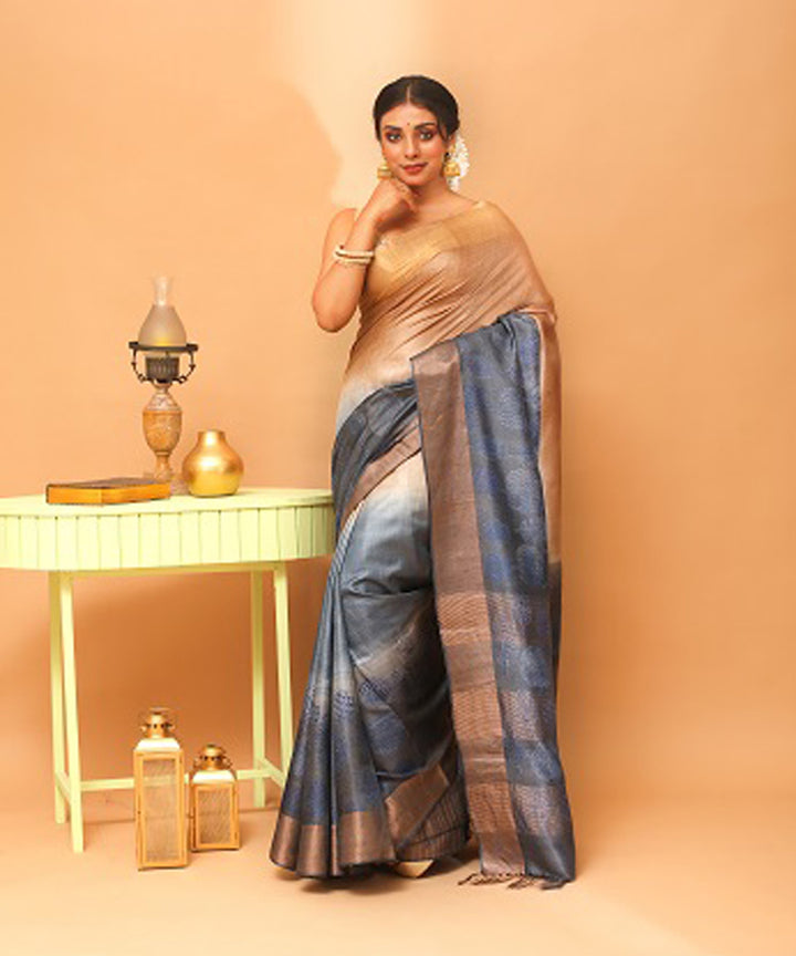 Grey yellow chhattisgarh handloom tussar silk saree