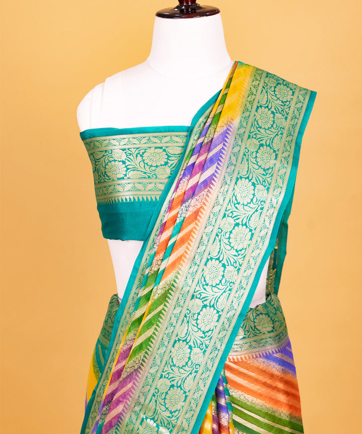 Multicolor diagonal stripe silk handwoven banarasi saree