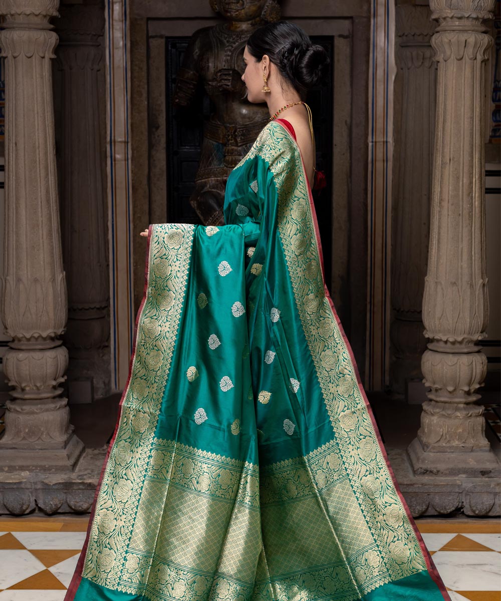 Dark green booti silk handwoven banarasi saree