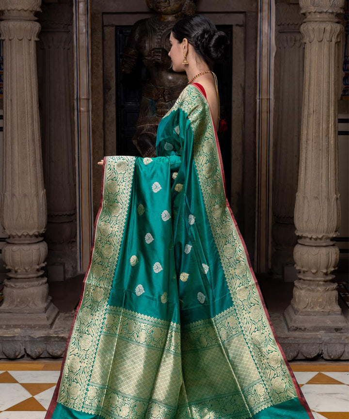 Dark green booti silk handwoven banarasi saree