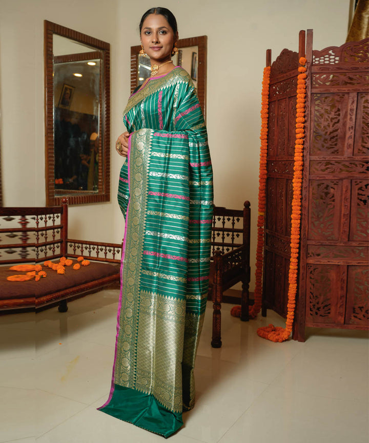 Green striped silk handwoven banarasi saree