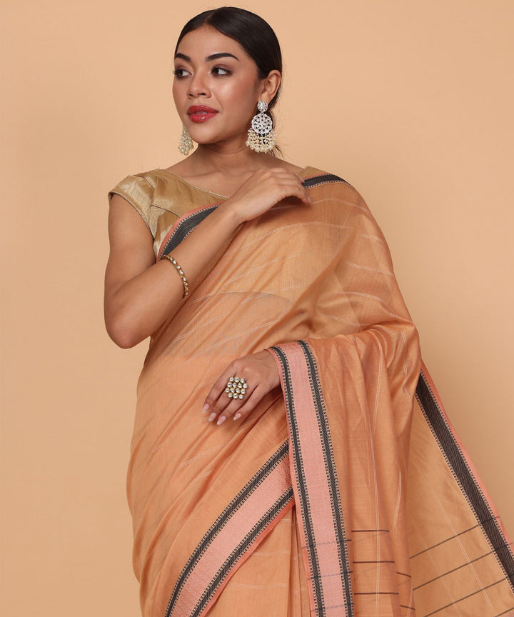 Dark peach pink cotton silk handloom maheshwari saree