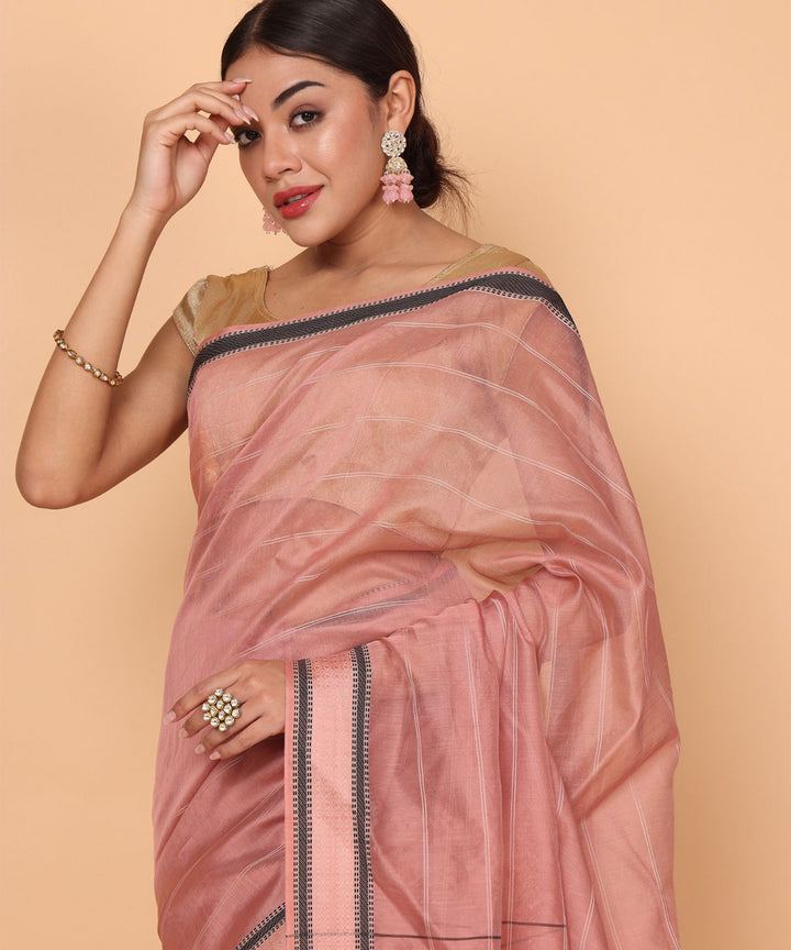 Rose pink black cotton silk handloom maheshwari saree