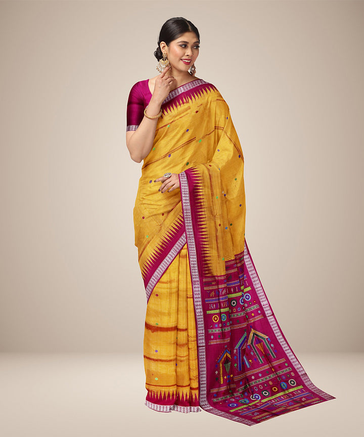 Amber yellow dark pink silk handwoven dolabedi bomkai saree
