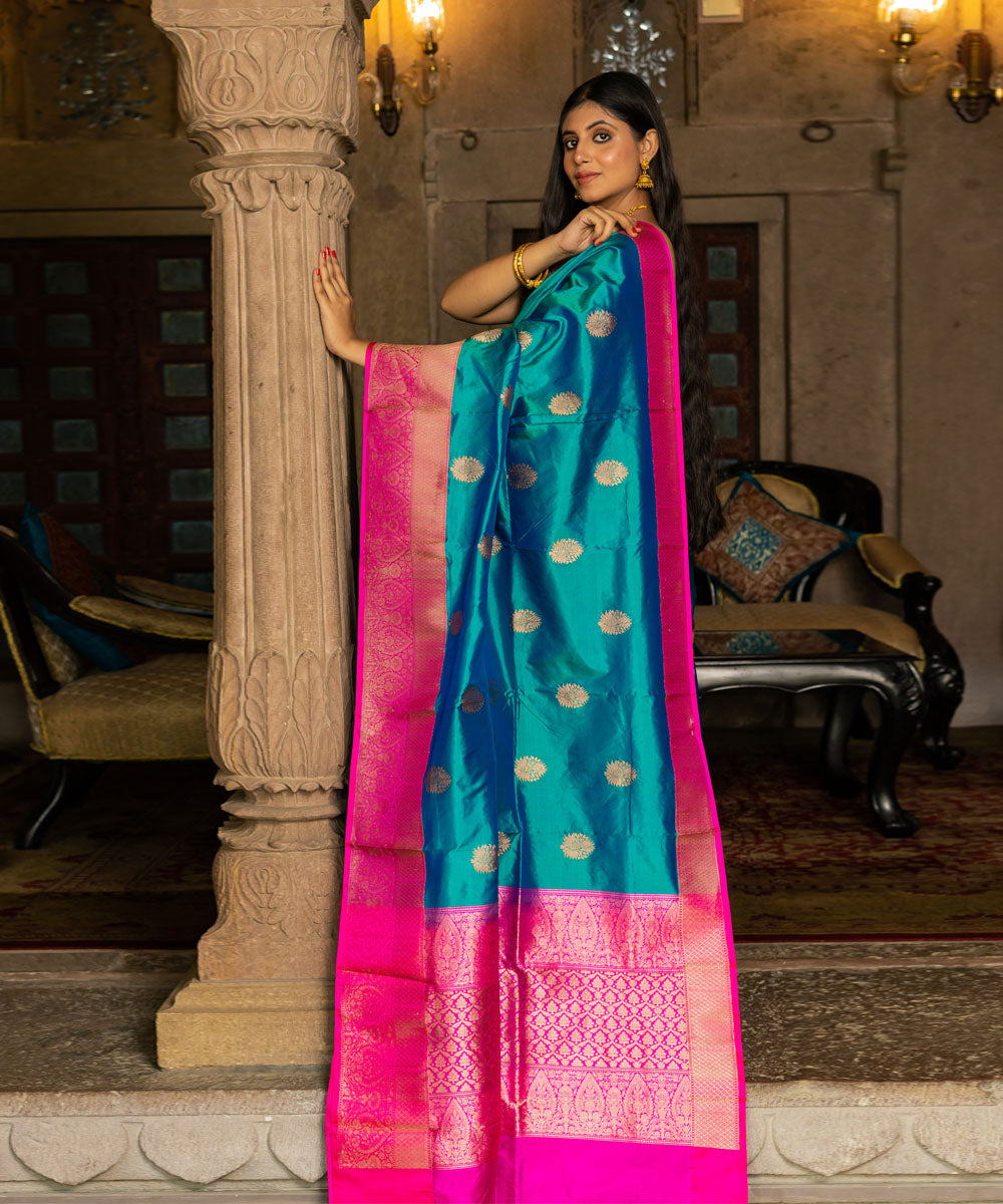 Teal blue pink silk handwoven banarasi saree