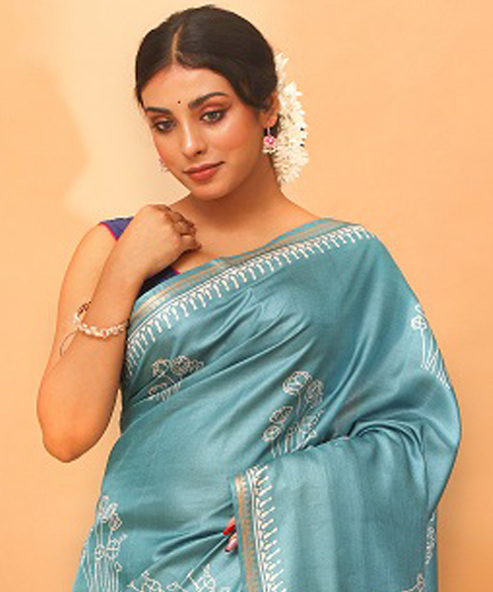 Teal green chhattisgarh handloom tussar silk saree