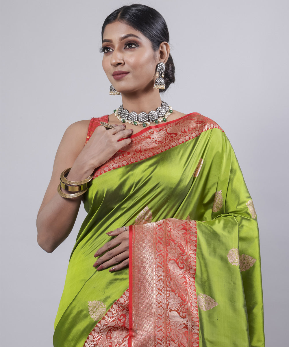 Lime green red border silk handwoven banarasi saree