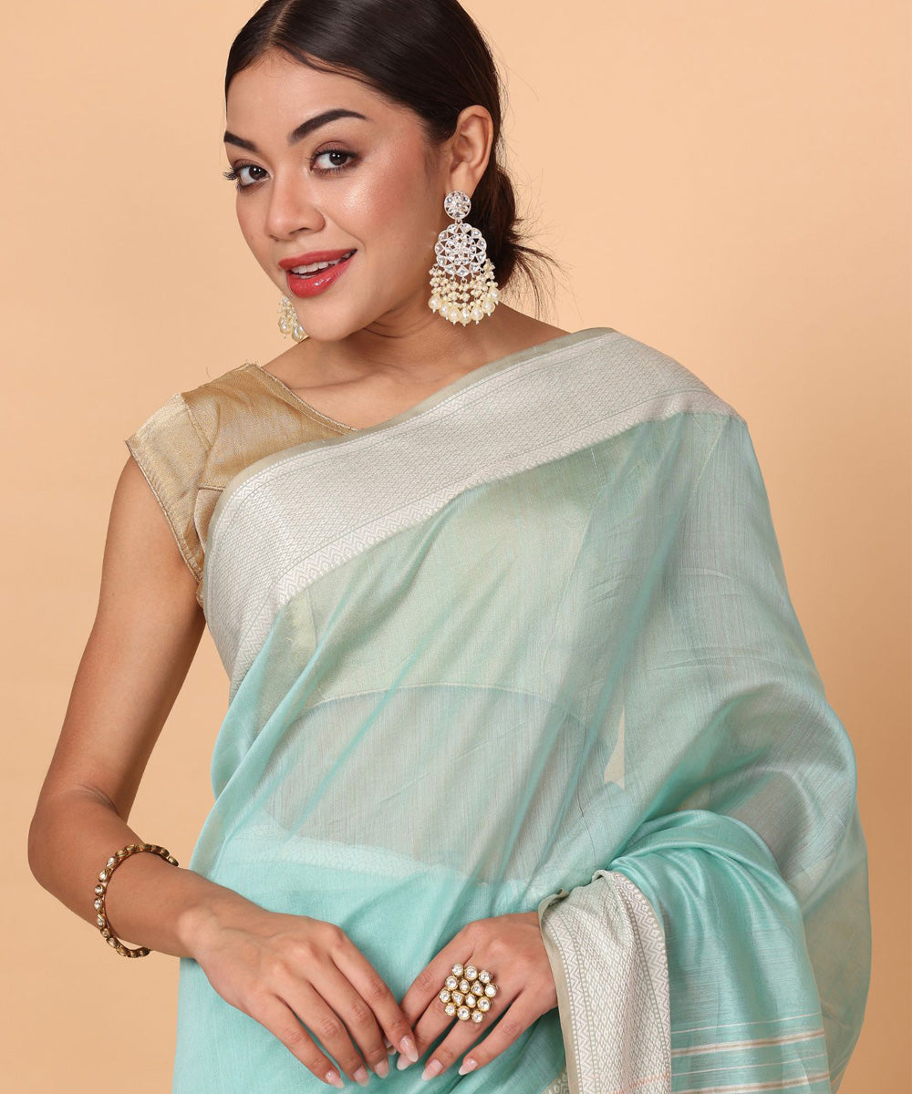 Aqua offwhite cotton silk handloom maheshwari saree