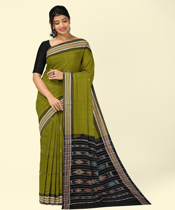 Olive green black cotton handwoven nuapatna saree