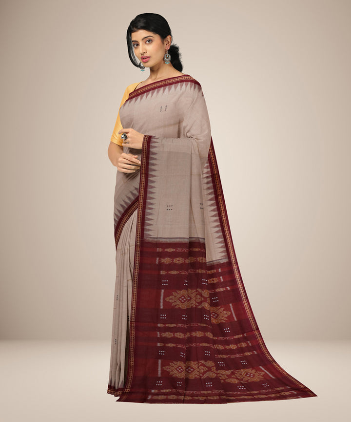 Beige dark red cotton handwoven nuapatna saree