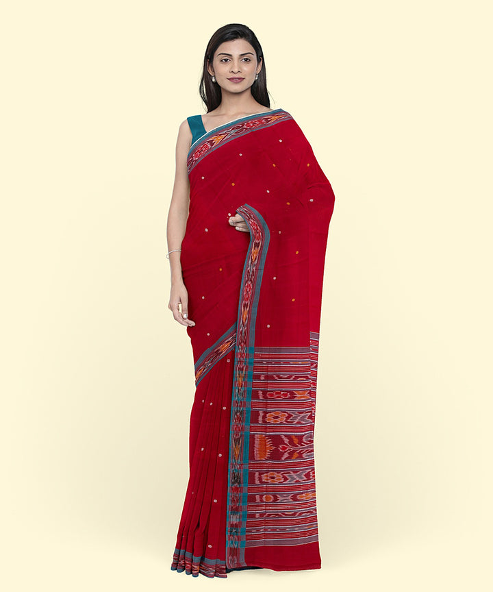 Red cyan blue cotton handwoven nuapatna saree