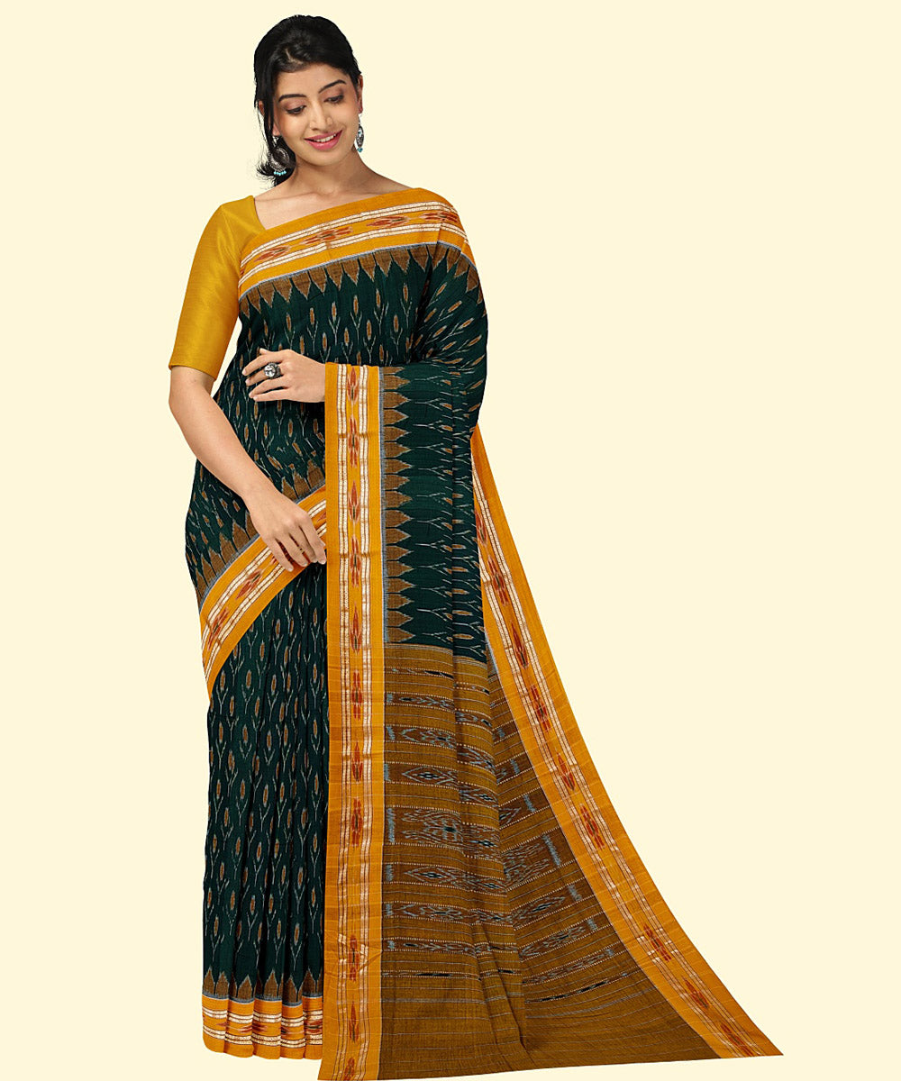 Dark green yellow handwoven cotton nuapatna saree