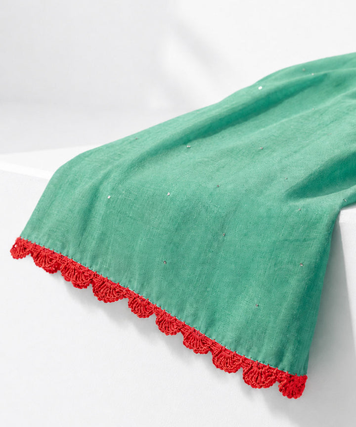 Teal green orange crochet mukaish cotton saree