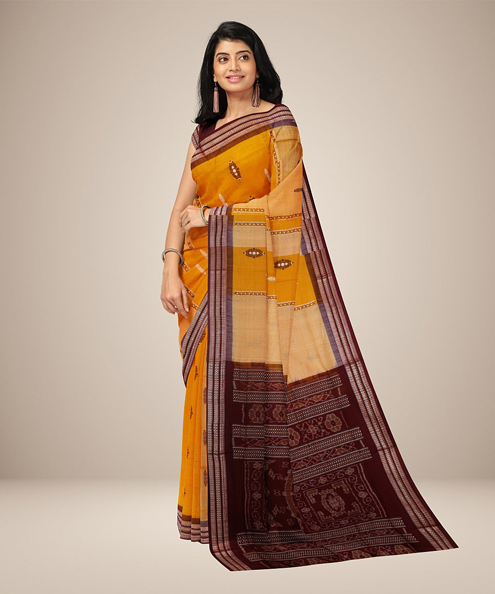 Chrome yellow dark maroon cotton handwoven bomkai saree
