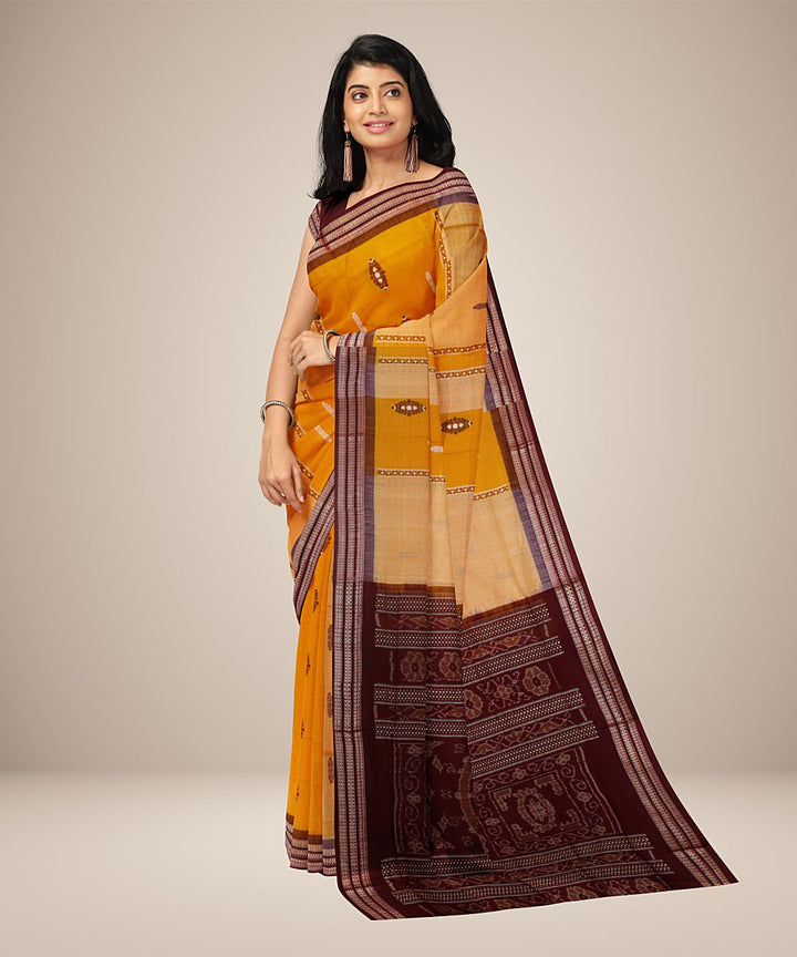 Chrome yellow dark maroon cotton handwoven bomkai saree