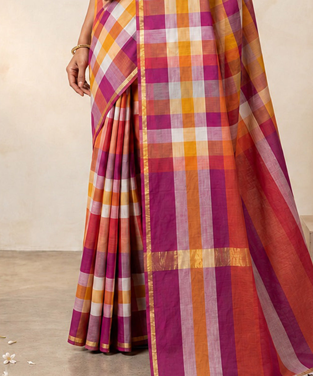 Pink multicolor maheswari cotton silk checks saree