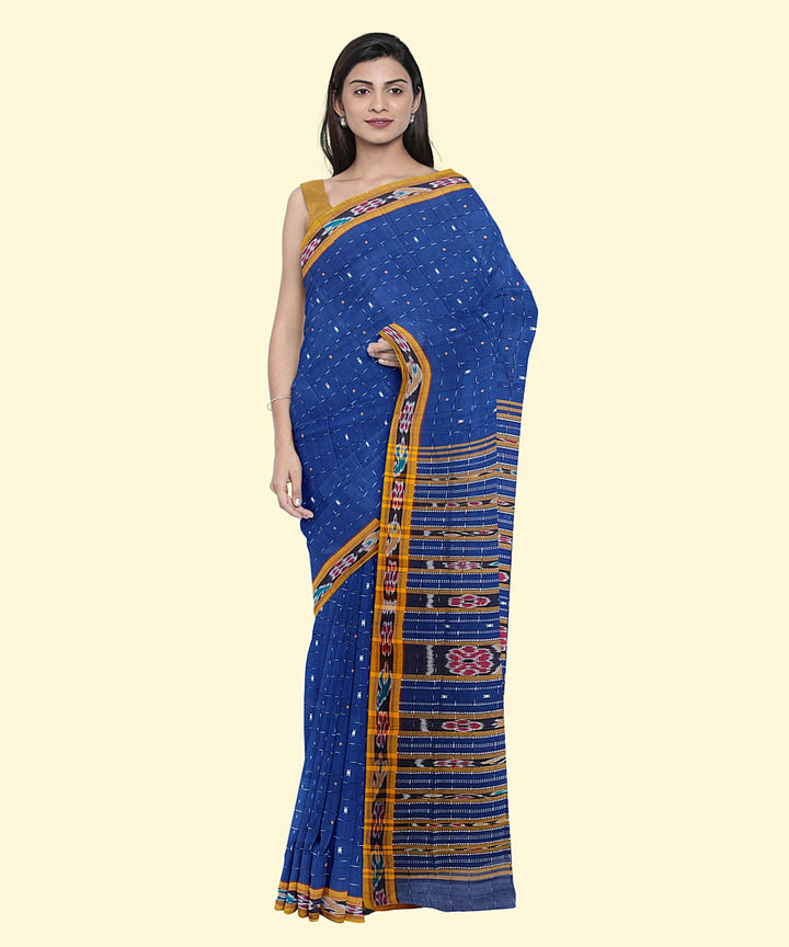 Royal blue yellow cotton handwoven nuapatna saree