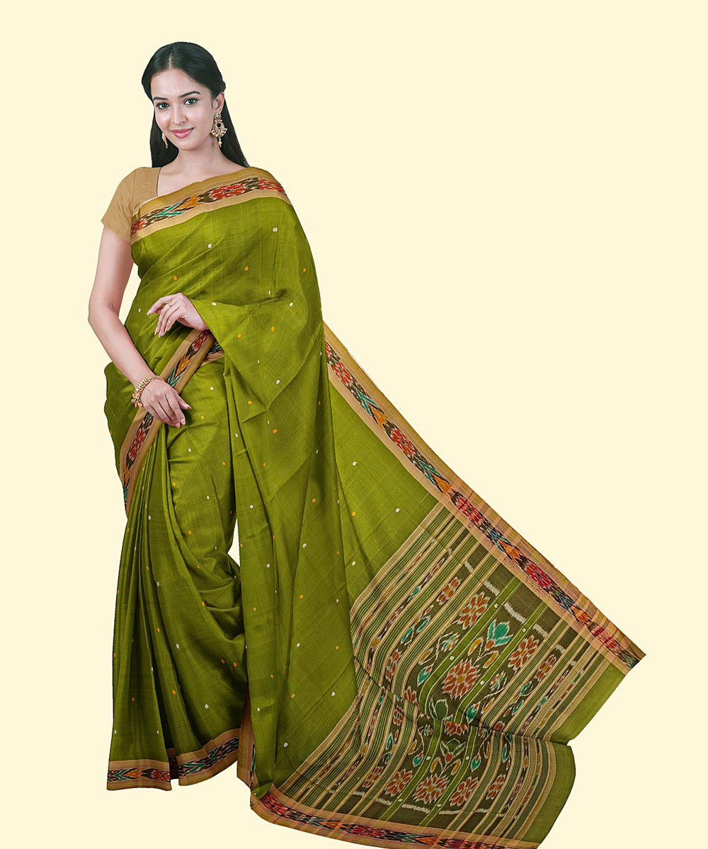 Olive green brown handwoven nuapatna cotton saree