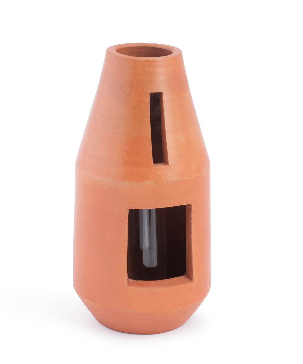 Terracotta bottle-shaped indoor planter with glass tube