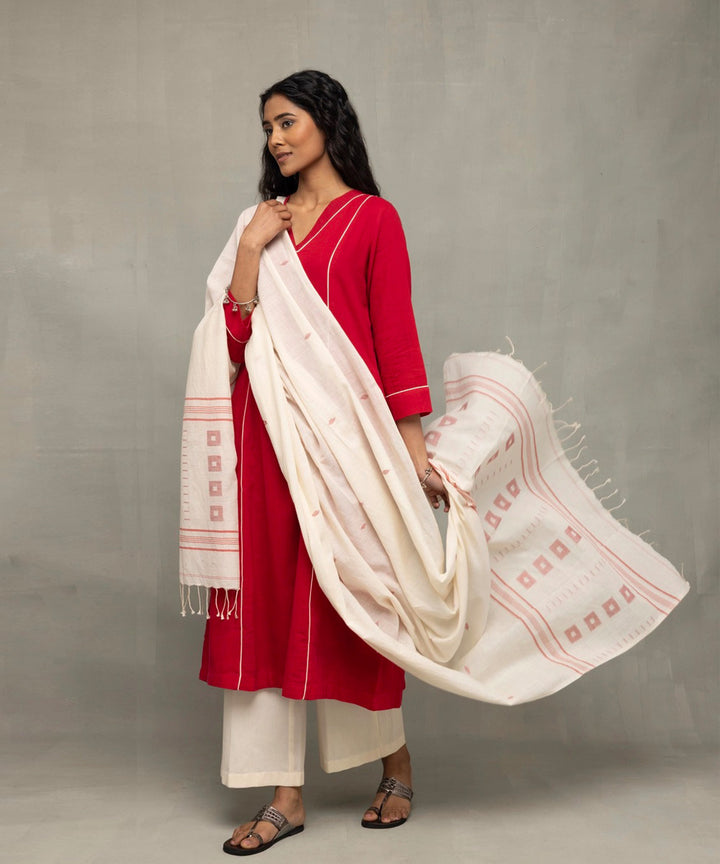 Red white jamdani pujo kurta set with dupatta