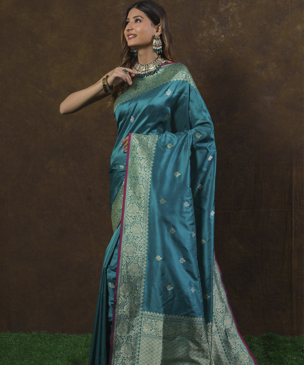 Turquoise silk handwoven banarasi saree