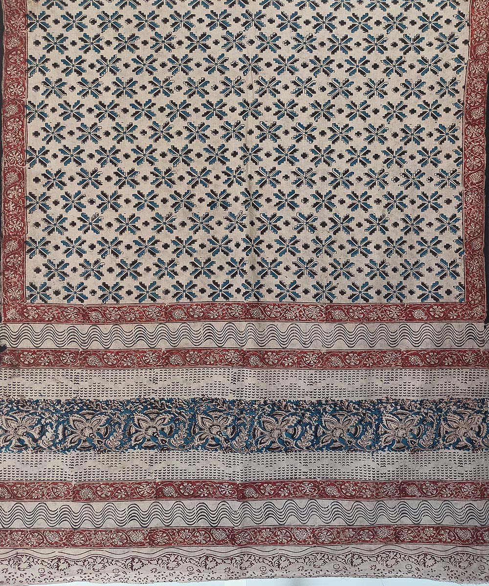 Offwhite blue kalamkari hand printed cotton saree