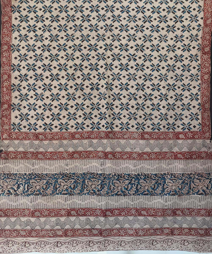 Offwhite blue kalamkari hand printed cotton saree