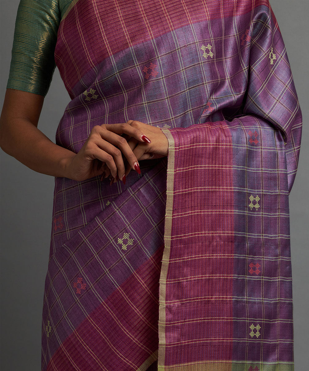 Magenta deep lavender blue kosa handloom chhattisgarh silk saree