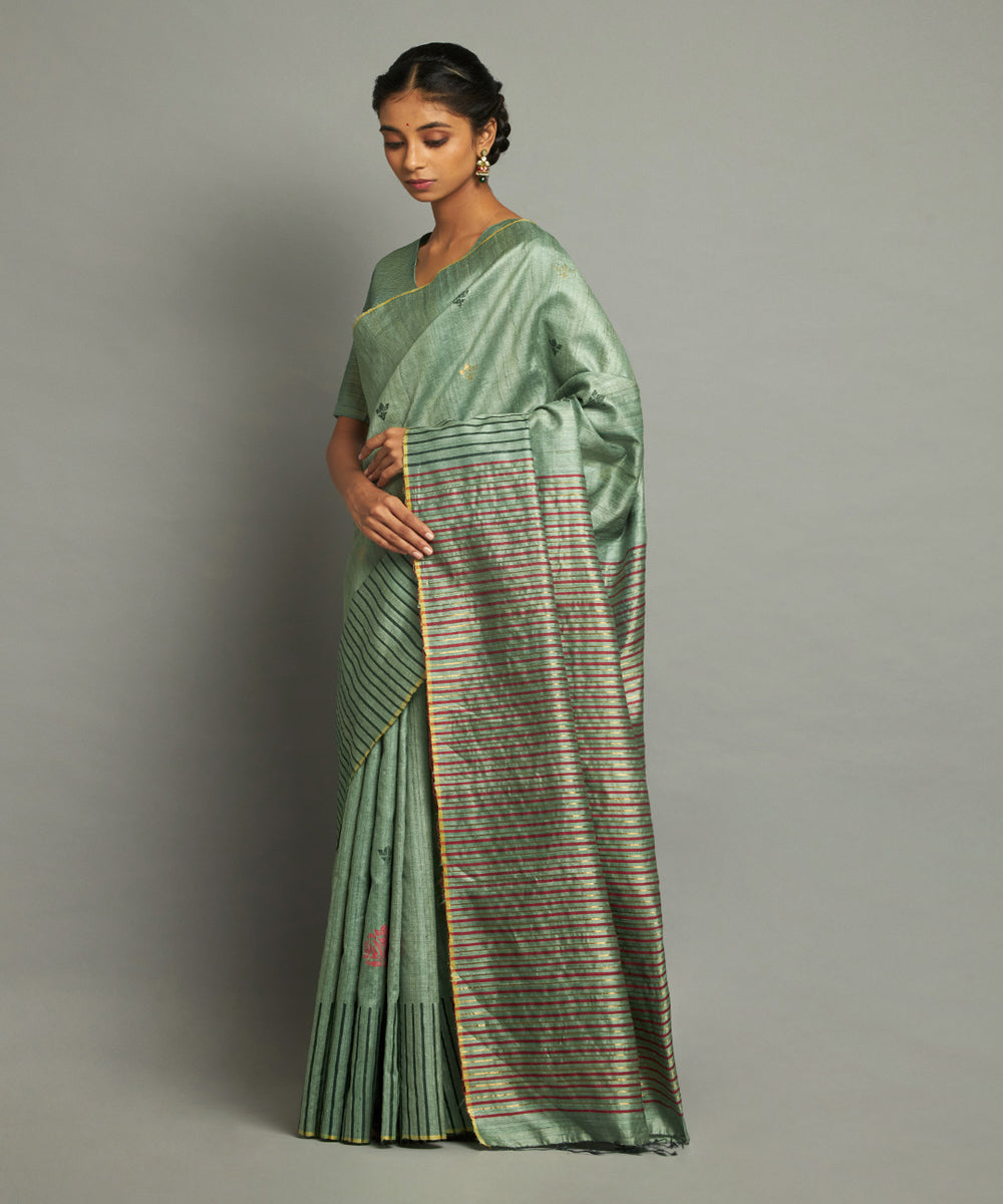Pastel green tussar silk hand woven chhattisgarh kosa saree