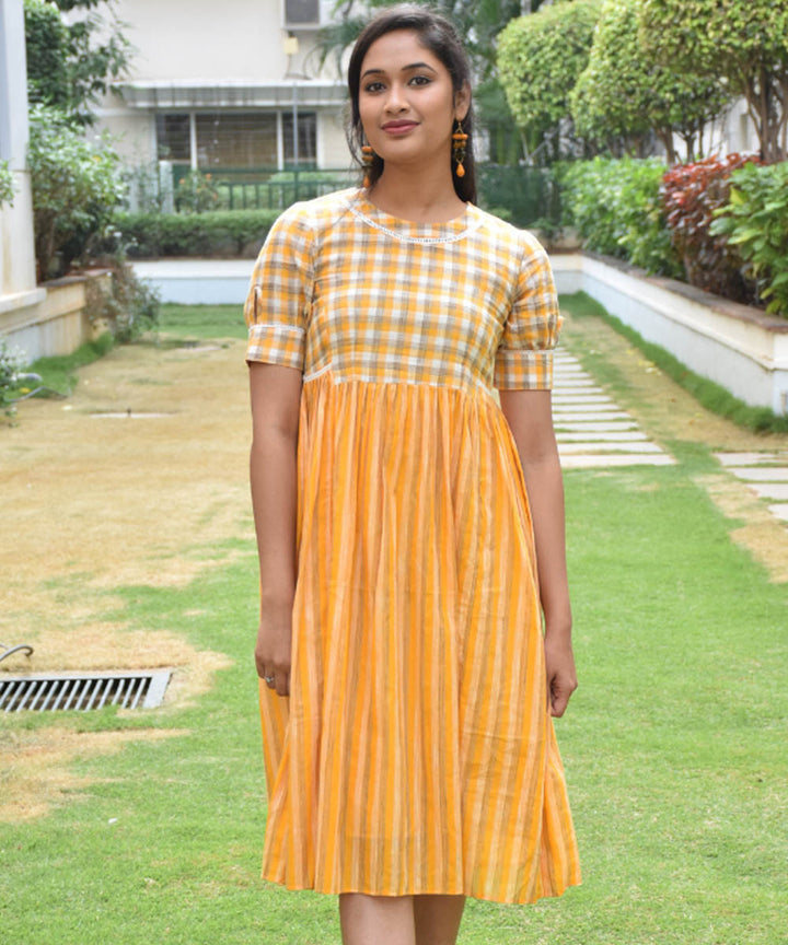 Orange checks and stripes cotton midi dress