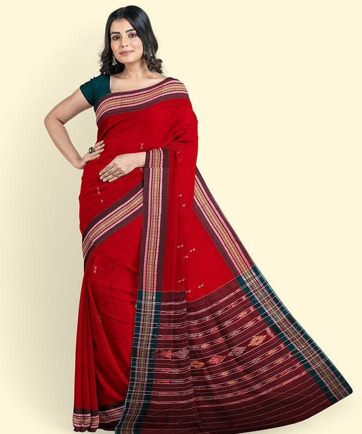 Red maroon cotton handwoven nuapatna saree