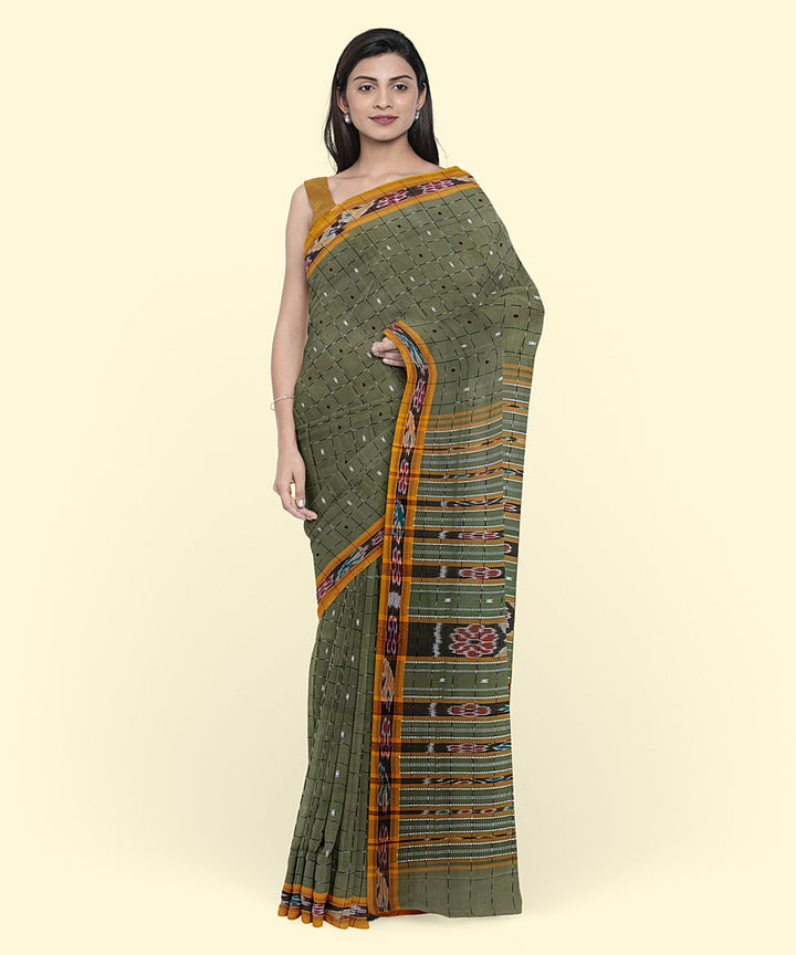 Olive green brown cotton handwoven nuapatna saree