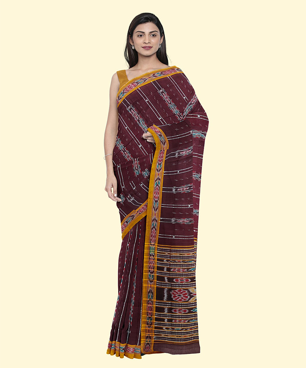 Burgundy mustard cotton handwoven nuapatna saree