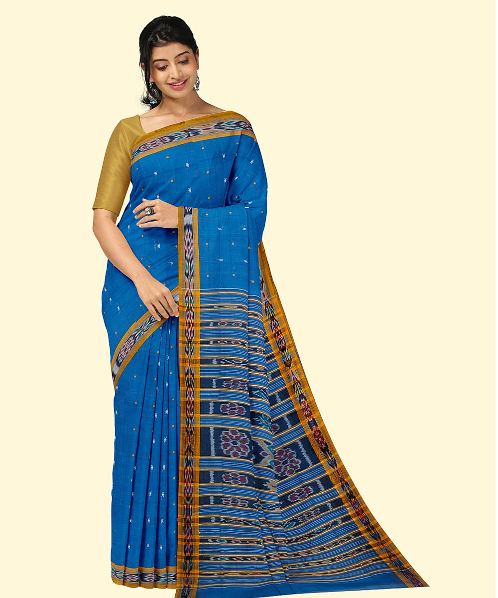 Royal blue mustard cotton handwoven nuapatna saree