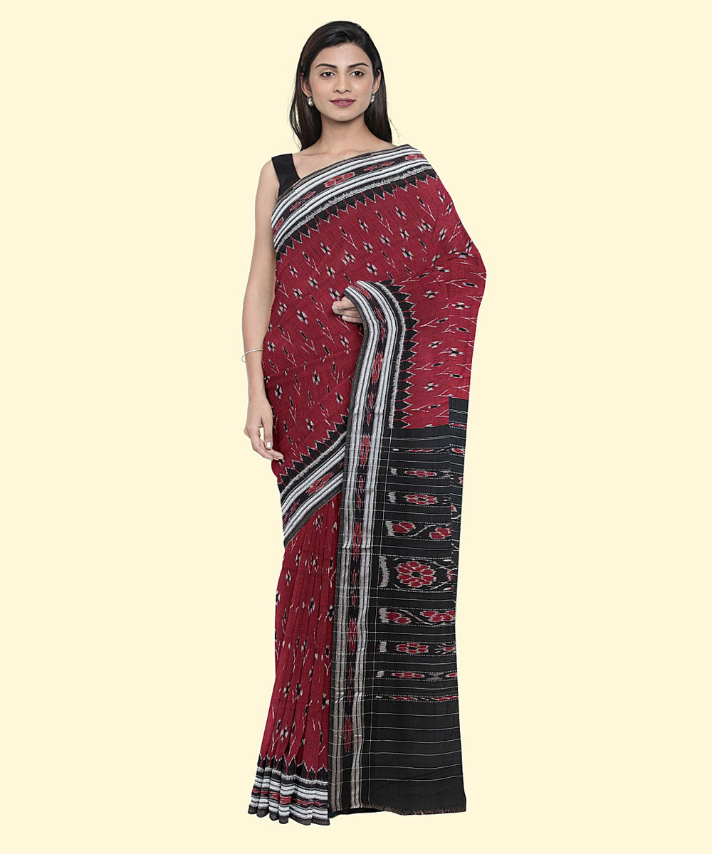 Maroon black handwoven cotton nuapatna saree