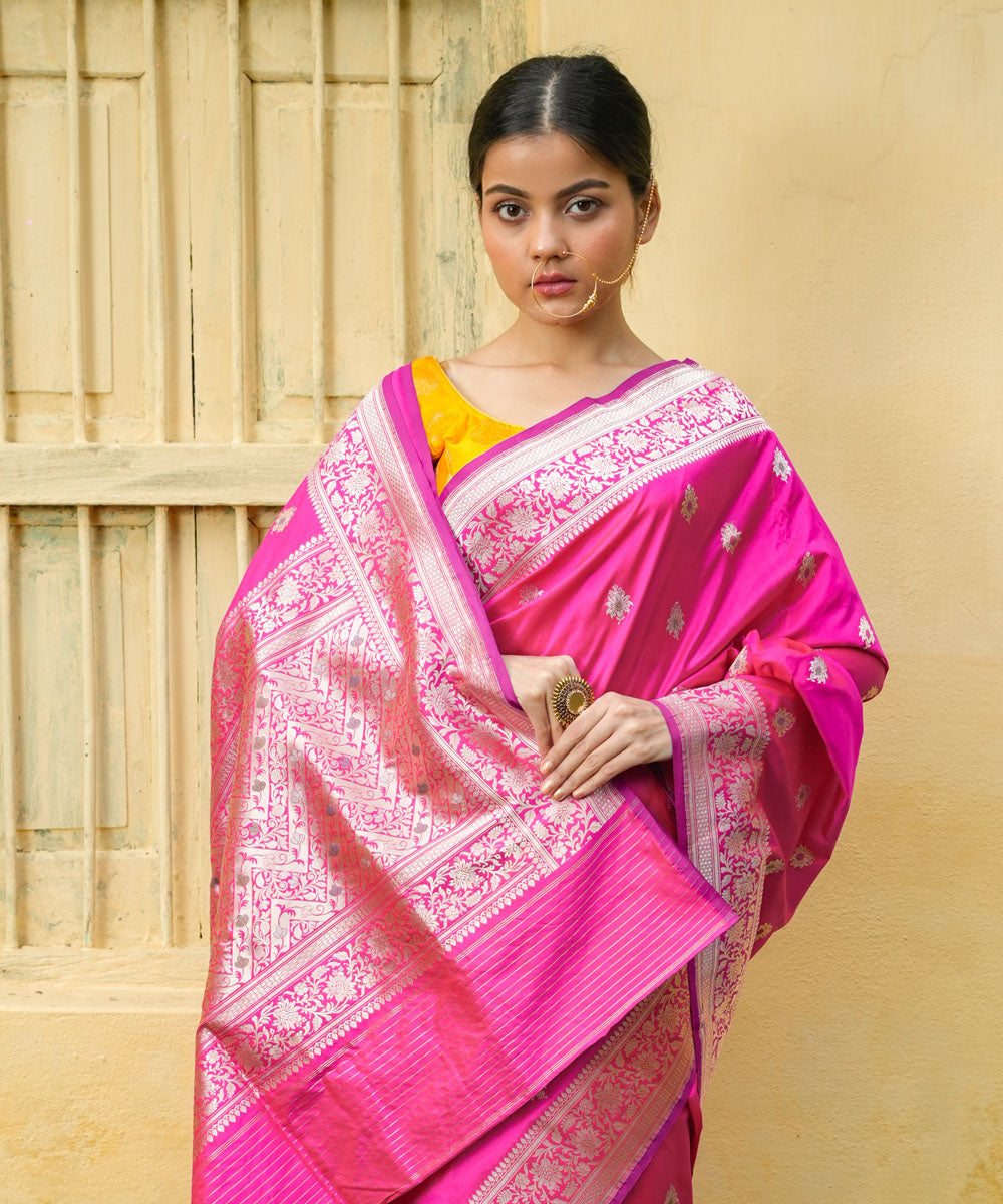 Rani pink booti handwoven banarasi silk saree