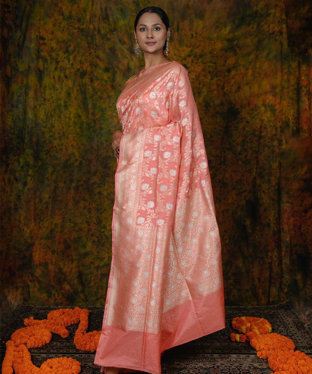 Peach silk handwoven banarasi saree