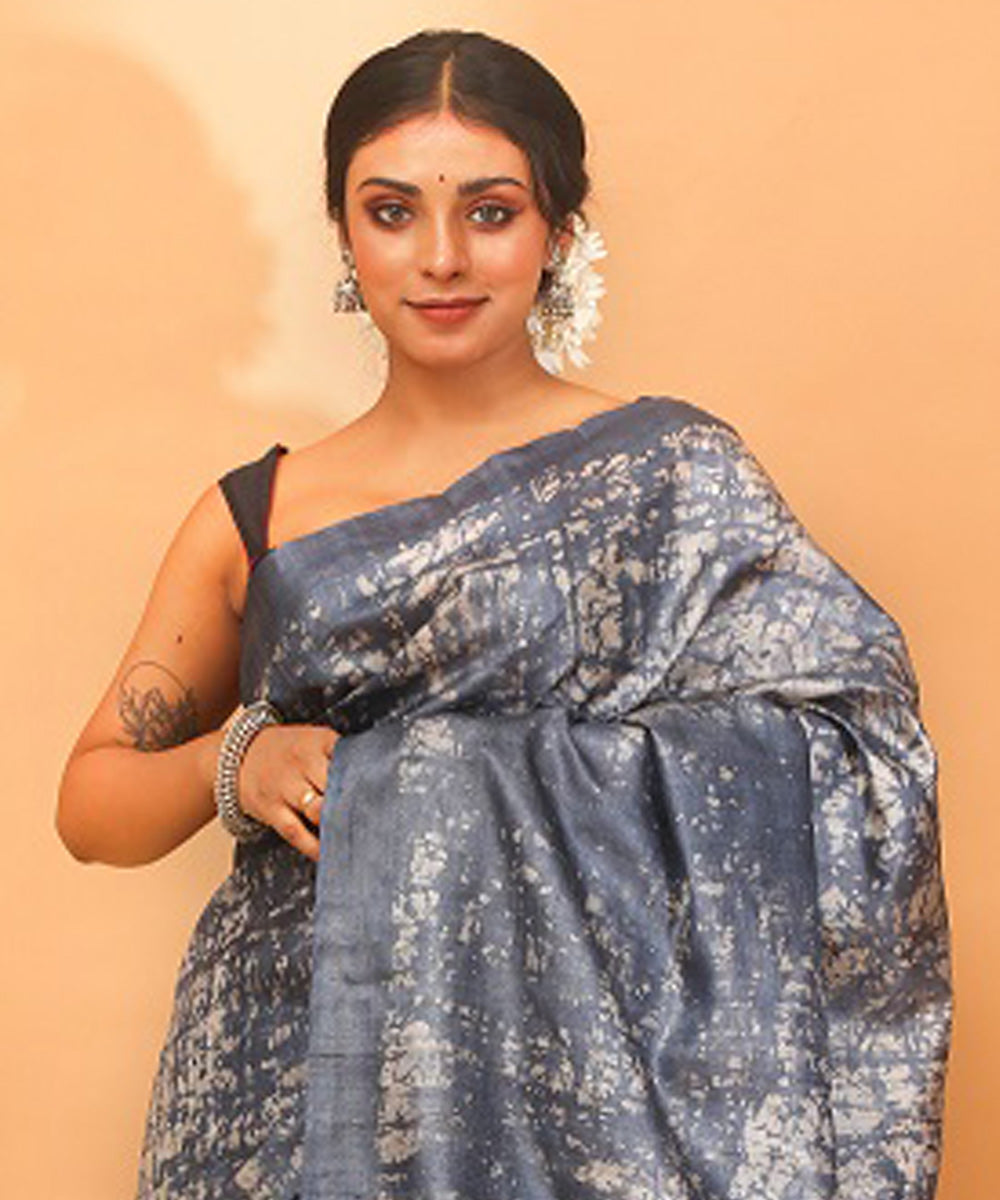 Grey offwhite chhattisgarh handloom tussar silk saree