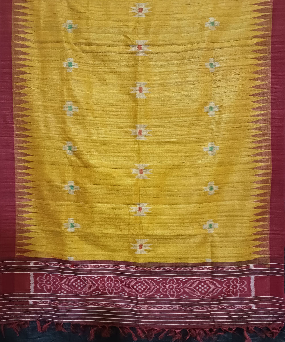 Mustard maroon handwoven tussar silk ikat dupatta