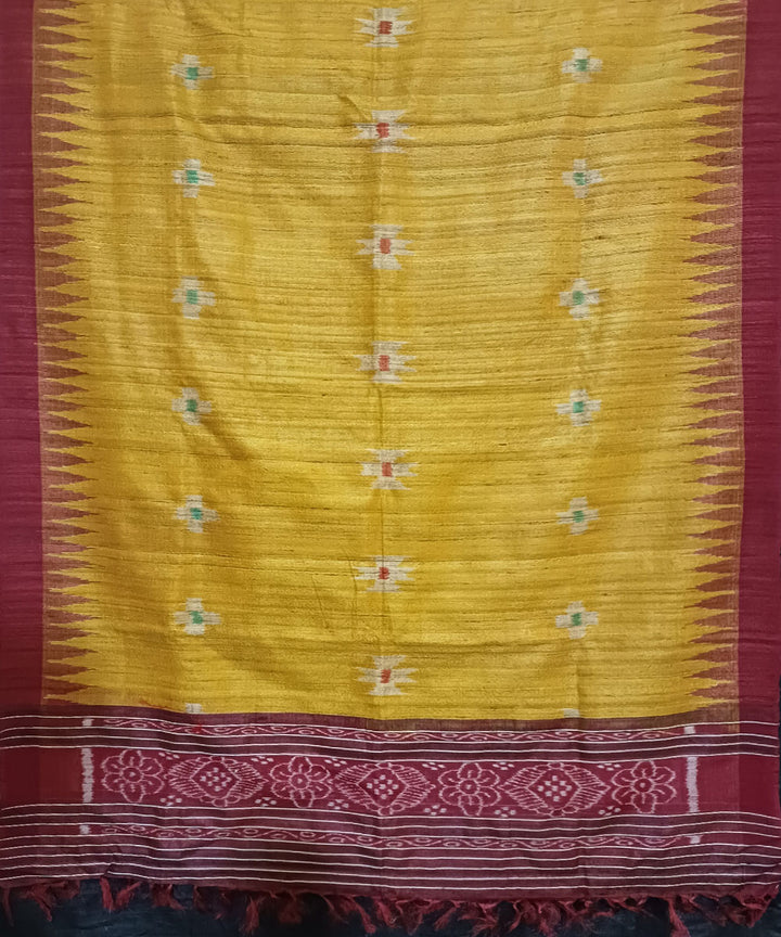 Mustard maroon handwoven tussar silk ikat dupatta