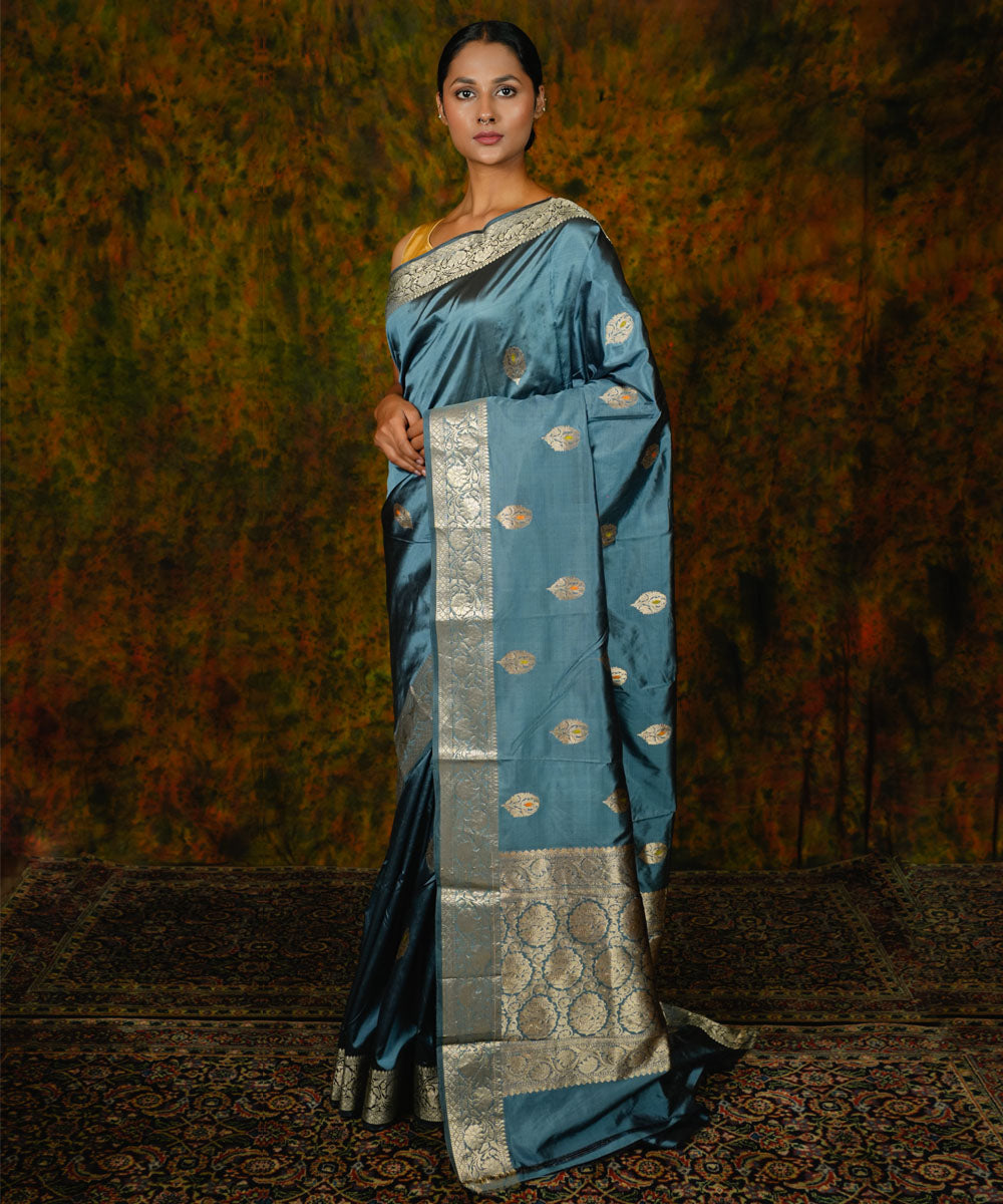 Teal blue handwoven silk banarasi saree