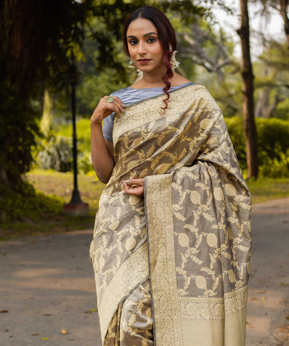 Grey jangla silk handwoven banarasi saree